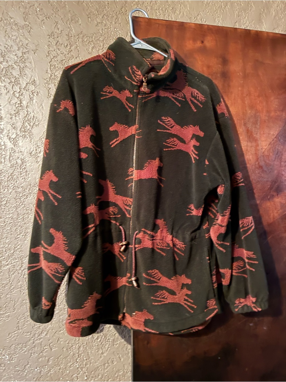 Teddy Jacket with Rust Horse Print - Women's Cozy Zip-Up
